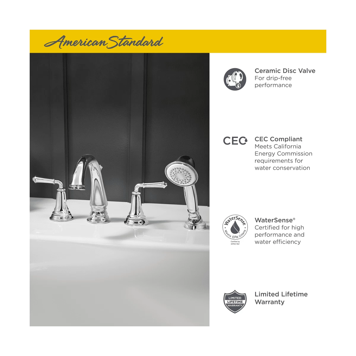 American Standard | Delancey Deck Mounted Roman Tub Filler With Built-In Diverter - Includes Hand Shower 16 American Standard | Delancey Deck Mounted Roman Tub Filler With Built-In Diverter - Includes Hand Shower - Image 14