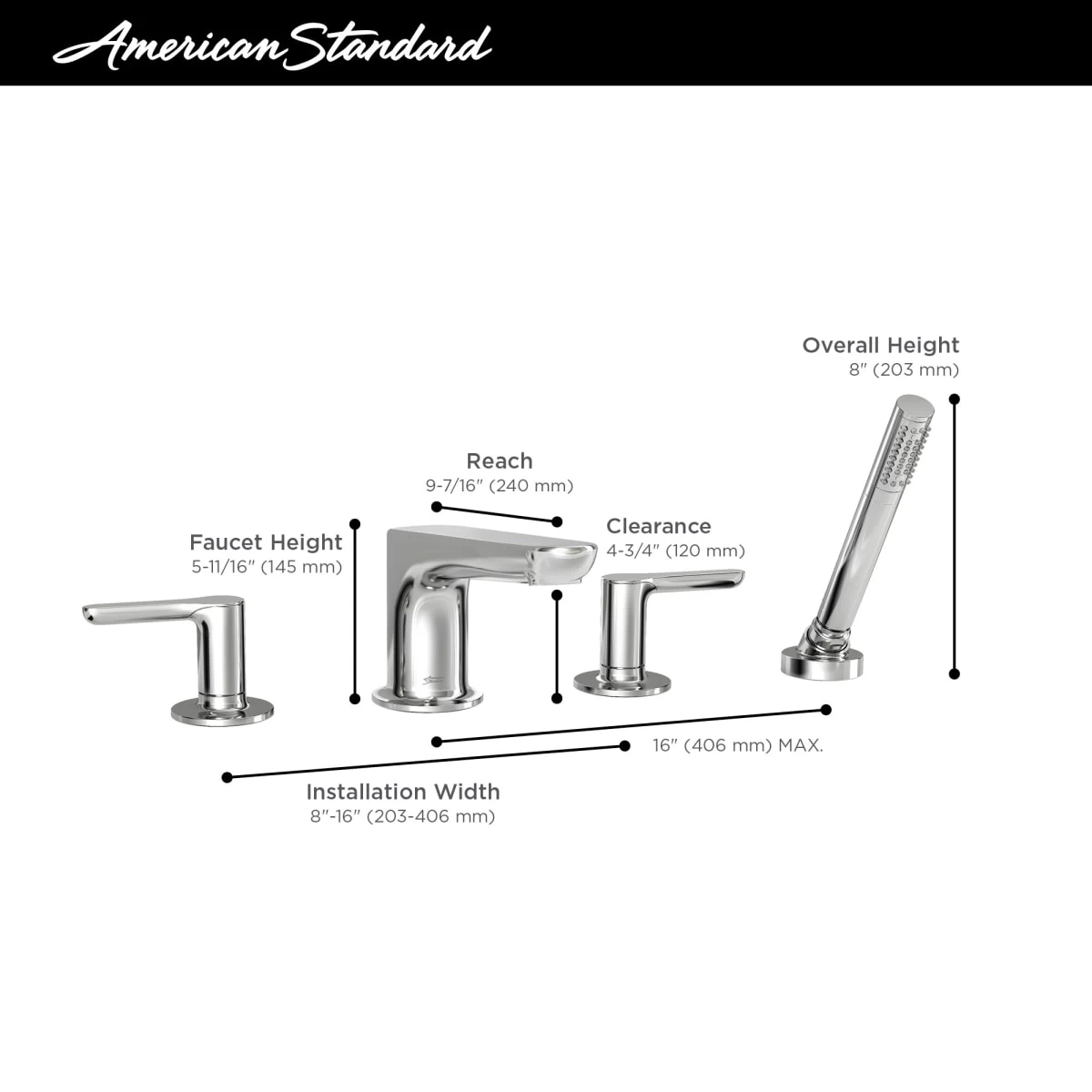 American Standard | Studio S Deck Mounted Roman Tub Filler With Built-In Diverter - Includes Hand Shower 11 American Standard | Studio S Deck Mounted Roman Tub Filler With Built-In Diverter - Includes Hand Shower - Image 9